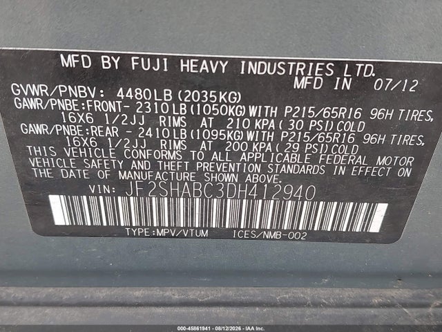 Продаж на аукціоні авто 2013 Subaru Forester 2.5x, vin: JF2SHABC3DH412940, номер лоту: 45861941