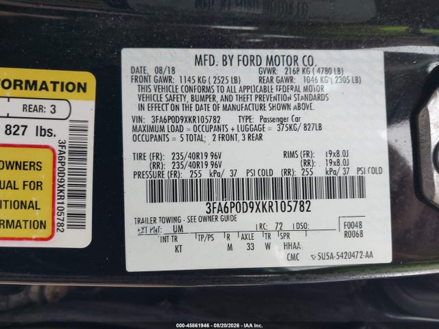 2019 Ford Fusion Titanium მანქანა იყიდება აუქციონზე, vin: 3FA6P0D9XKR105782, აუქციონის ნომერი: 45861946