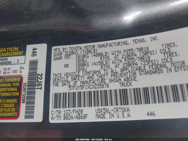 Aukcja sprzedaży 2012 Toyota Tundra Grade 5.7l V8, vin: 5TFUY5F1XCX235878, numer aukcji: 45861960