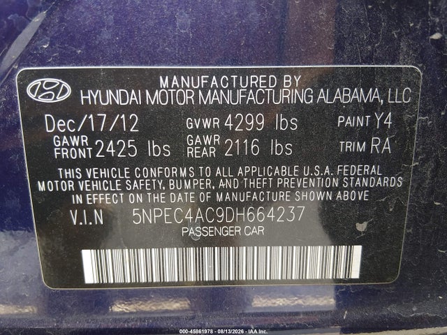 Aukcja sprzedaży 2013 Hyundai Sonata Limited, vin: 5NPEC4AC9DH664237, numer aukcji: 45861978