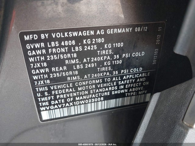 2013 Volkswagen Tiguan Se მანქანა იყიდება აუქციონზე, vin: WVGAV7AX1DW023005, აუქციონის ნომერი: 45861979