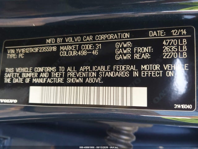 2015 Volvo S60 T5 Premier მანქანა იყიდება აუქციონზე, vin: YV1612TK9F2355918, აუქციონის ნომერი: 45861988