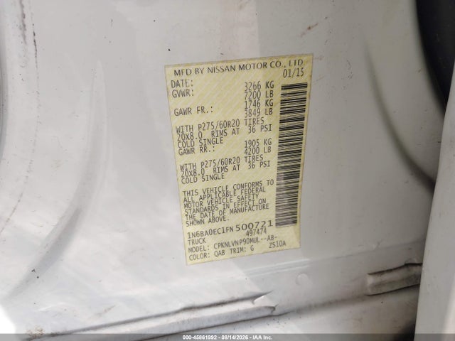 Продаж на аукціоні авто 2015 Nissan Titan Sl, vin: 1N6BA0EC1FN500721, номер лоту: 45861992