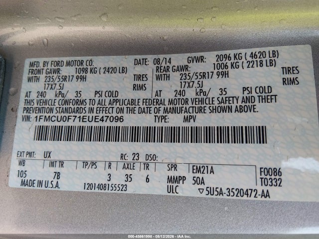 45861998 :رقم المزاد ، 1FMCU0F71EUE47096 vin ، 2014 Ford Escape S مزاد بيع