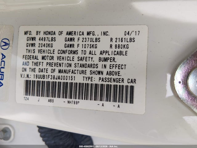 2018 Acura Tlx მანქანა იყიდება აუქციონზე, vin: 19UUB1F38JA000151, აუქციონის ნომერი: 45862001