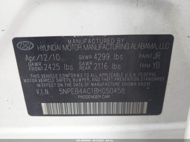 Aukcja sprzedaży 2011 Hyundai Sonata Gls, vin: 5NPEB4AC1BH050458, numer aukcji: 45862009
