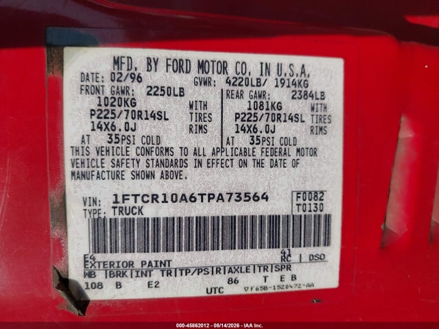 Продаж на аукціоні авто 1996 Ford Ranger, vin: 1FTCR10A6TPA73564, номер лоту: 45862012