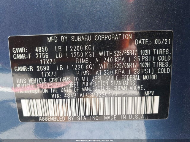 4S4BTAFC3M3220420 Subaru Outback Premium