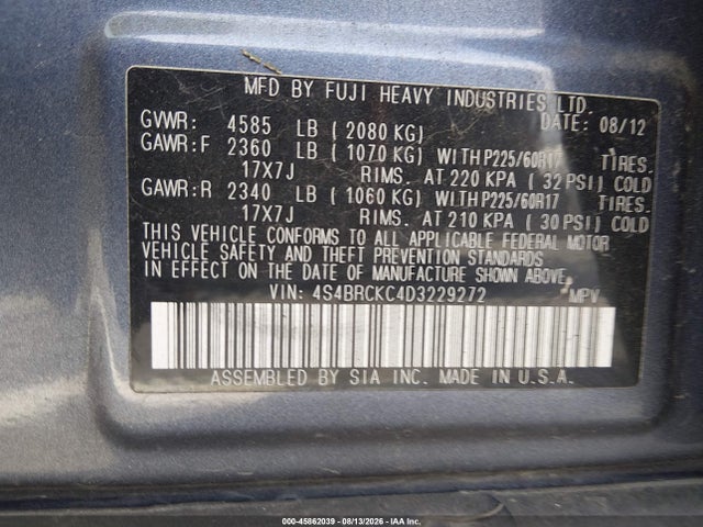45862039 :رقم المزاد ، 4S4BRCKC4D3229272 vin ، 2013 Subaru Outback 2.5i Limited مزاد بيع