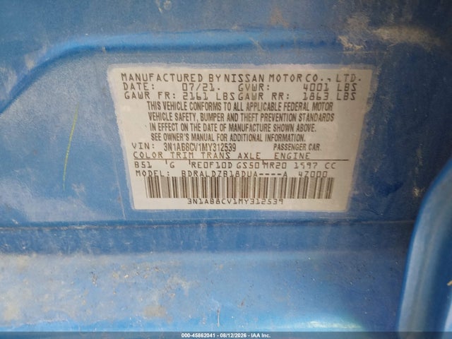 45862041 :رقم المزاد ، 3N1AB8CV1MY312539 vin ، 2021 Nissan Sentra Sv Xtronic Cvt مزاد بيع