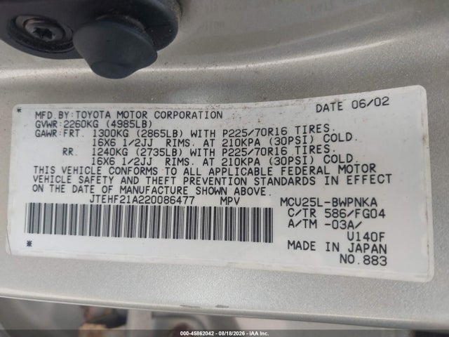Продажа на аукционе авто 2002 Toyota Highlander V6, vin: JTEHF21A220086477, номер лота: 45862042