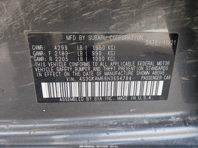Продаж на аукціоні авто 2022 Subaru Impreza Sport, vin: 4S3GKAM66N3604784, номер лоту: 45862054