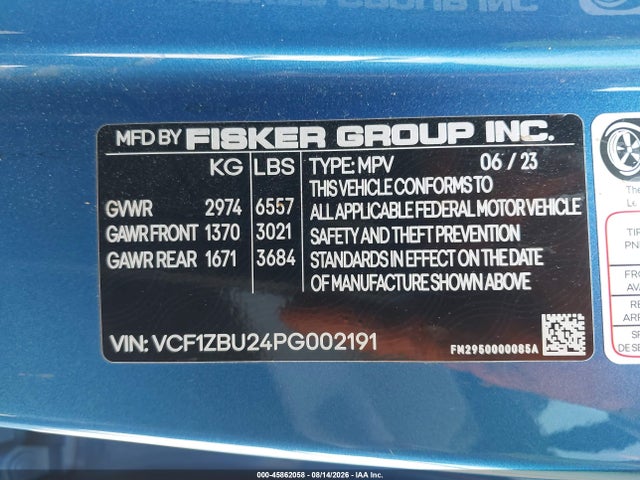 Aukcja sprzedaży 2023 Fisker Ocean One, vin: VCF1ZBU24PG002191, numer aukcji: 45862058