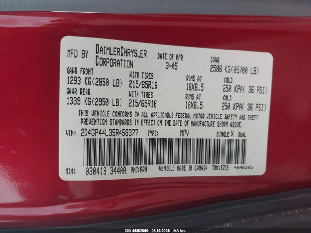 2005 Dodge Grand Caravan Sxt მანქანა იყიდება აუქციონზე, vin: 2D4GP44L35R458377, აუქციონის ნომერი: 45862060