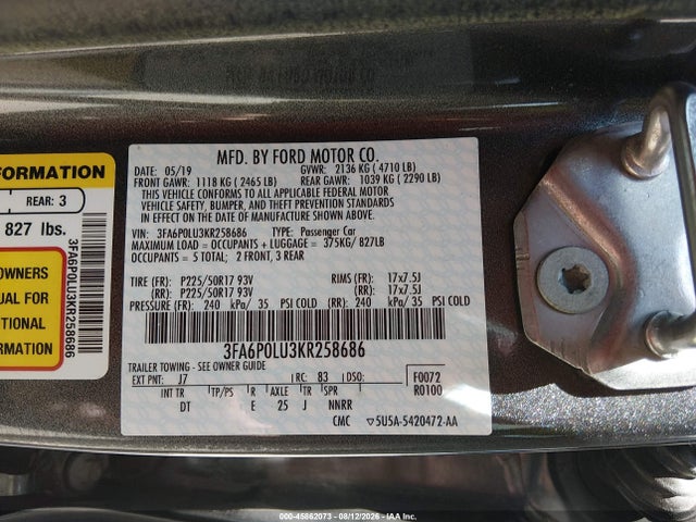Продаж на аукціоні авто 2019 Ford Fusion Hybrid Se, vin: 3FA6P0LU3KR258686, номер лоту: 45862073