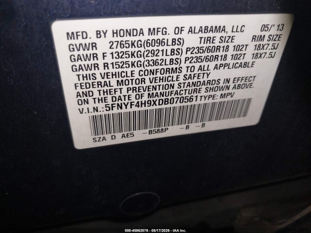 2013 Honda Pilot Touring მანქანა იყიდება აუქციონზე, vin: 5FNYF4H9XDB070561, აუქციონის ნომერი: 45862076