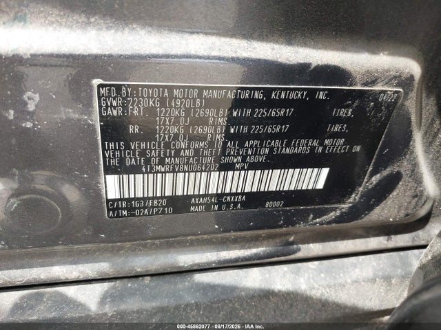 2022 Toyota Rav4 Hybrid Le მანქანა იყიდება აუქციონზე, vin: 4T3MWRFV8NU064202, აუქციონის ნომერი: 45862077