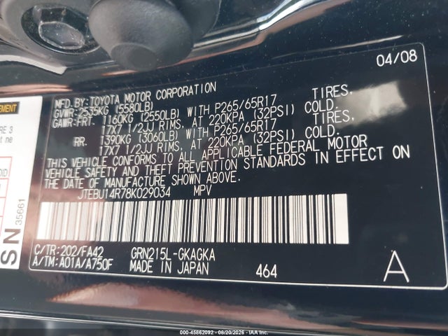 Aukcja sprzedaży 2008 Toyota 4runner Sr5 V6, vin: JTEBU14R78K029034, numer aukcji: 45862092