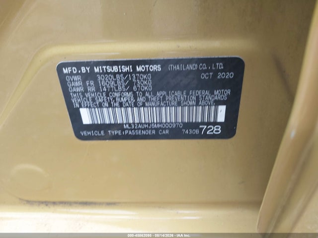 Aukcja sprzedaży 2021 Mitsubishi Mirage Carbonite Edition/es/le, vin: ML32AUHJ5MH000970, numer aukcji: 45862095