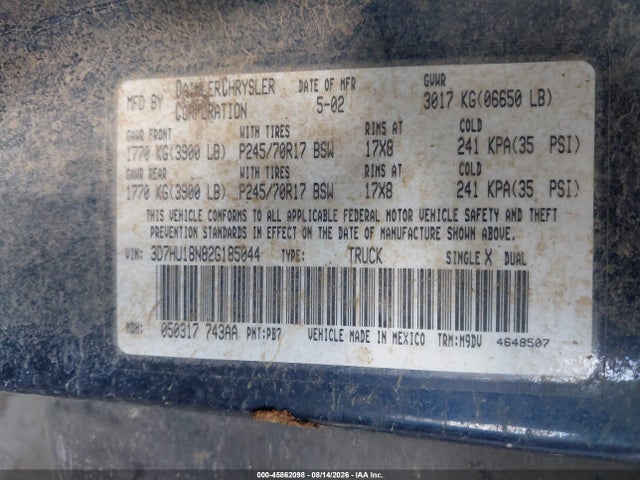 Продаж на аукціоні авто 2002 Dodge Ram 1500 St, vin: 3D7HU18N82G185044, номер лоту: 45862098