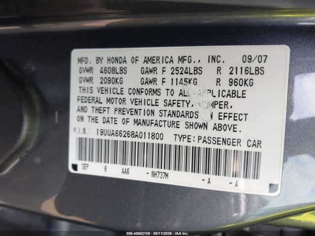 2008 Acura Tl 3.2 მანქანა იყიდება აუქციონზე, vin: 19UUA66268A011800, აუქციონის ნომერი: 45862100