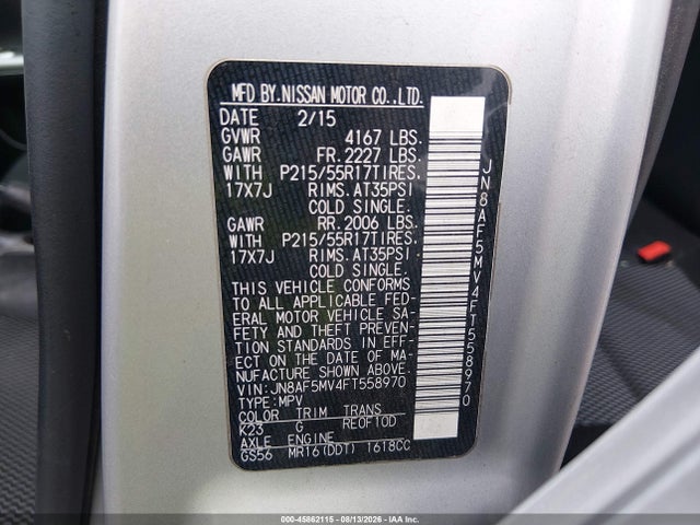 45862115 :رقم المزاد ، JN8AF5MV4FT558970 vin ، 2015 Nissan Juke S مزاد بيع