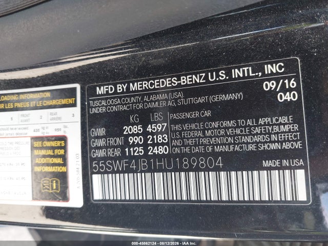 2017 Mercedes-benz C 300 Sport მანქანა იყიდება აუქციონზე, vin: 55SWF4JB1HU189804, აუქციონის ნომერი: 45862124
