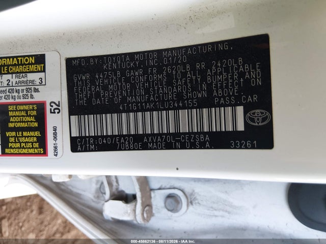 Toyota CAMRY SE 2020 4T1G11AK1LU344155 Image 9