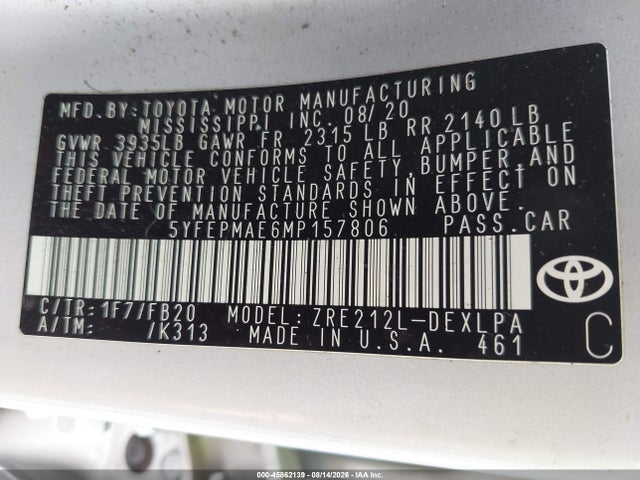 Aukcja sprzedaży 2021 Toyota Corolla Le, vin: 5YFEPMAE6MP157806, numer aukcji: 45862139