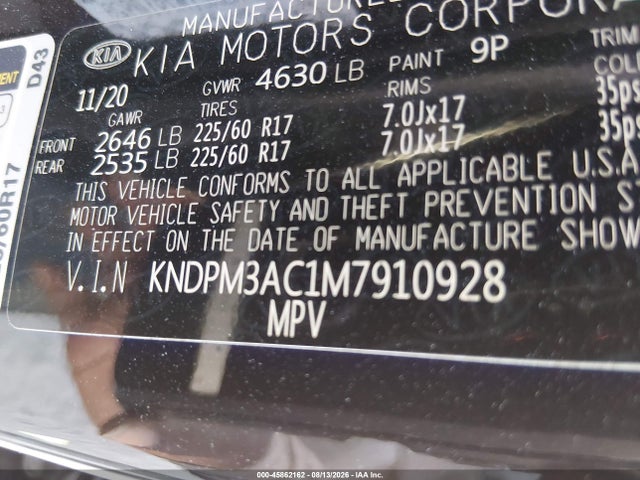 2021 Kia Sportage Lx მანქანა იყიდება აუქციონზე, vin: KNDPM3AC1M7910928, აუქციონის ნომერი: 45862162