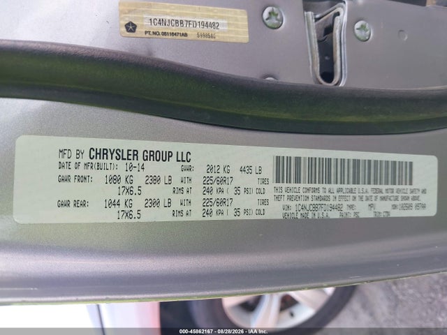 45862167 :رقم المزاد ، 1C4NJCBB7FD194482 vin ، 2015 Jeep Compass Sport مزاد بيع