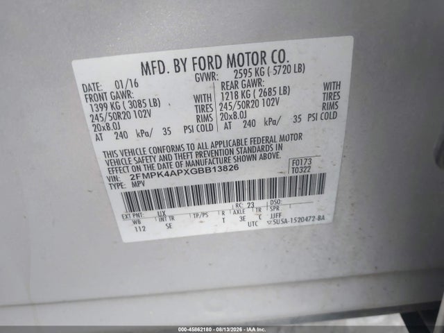 Продажа на аукционе авто 2016 Ford Edge Sport, vin: 2FMPK4APXGBB13826, номер лота: 45862180