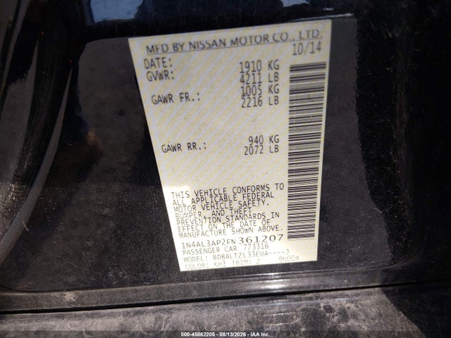 Продаж на аукціоні авто 2015 Nissan Altima 2.5 Sl, vin: 1N4AL3AP2FN361207, номер лоту: 45862205