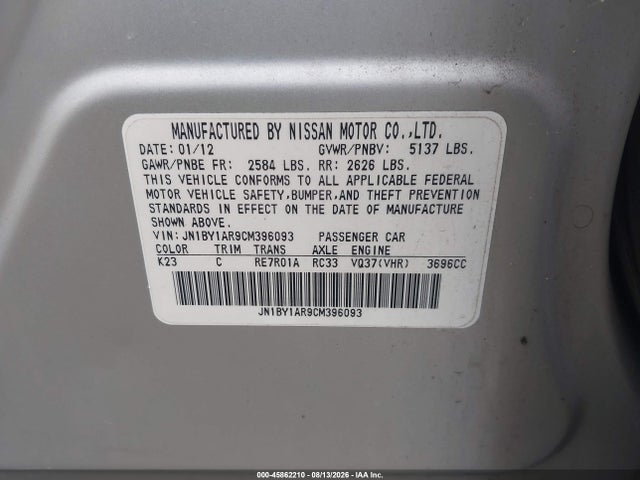 Aukcja sprzedaży 2012 Infiniti M37x, vin: JN1BY1AR9CM396093, numer aukcji: 45862210