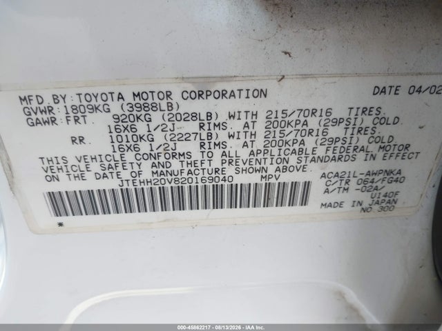 Продажа на аукционе авто 2002 Toyota Rav4, vin: JTEHH20V820169040, номер лота: 45862217
