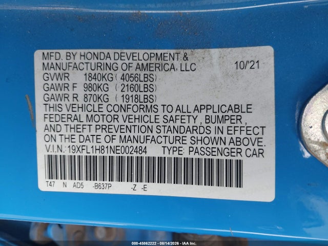 19XFL1H81NE002484 Honda Civic Sport Touring