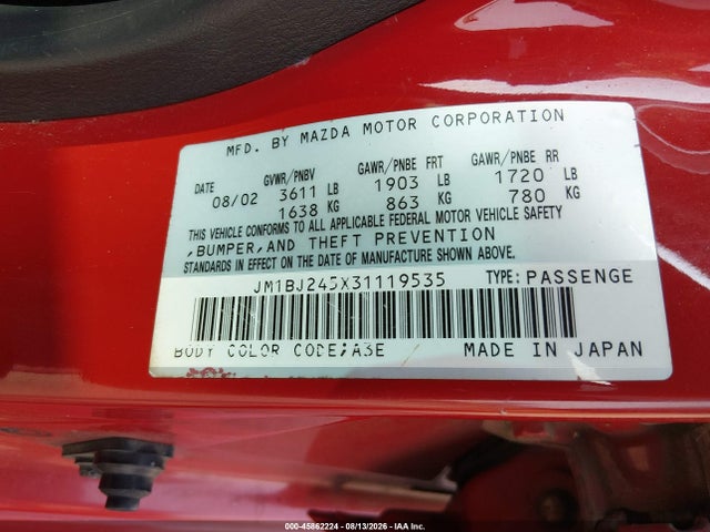 45862224 :رقم المزاد ، JM1BJ245X31119535 vin ، 2003 Mazda Protege5 مزاد بيع