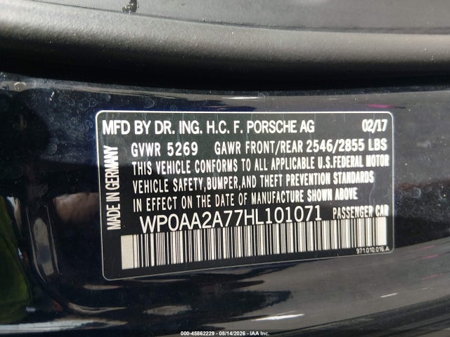 Продаж на аукціоні авто 2017 Porsche Panamera 4, vin: WP0AA2A77HL101071, номер лоту: 45862229