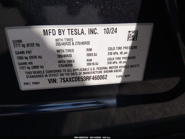 Продаж на аукціоні авто 2024 Tesla Model X Long Range, vin: 7SAXCDE53RF460062, номер лоту: 45862234