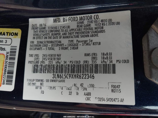 Продаж на аукціоні авто 2017 Lincoln Mkz Select, vin: 3LN6L5C9XHR622346, номер лоту: 45862252