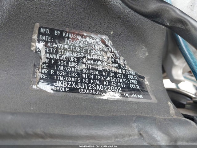 2025 Kawasaki Zx636 K მანქანა იყიდება აუქციონზე, vin: JKBZXJJ12SA022052, აუქციონის ნომერი: 45862253