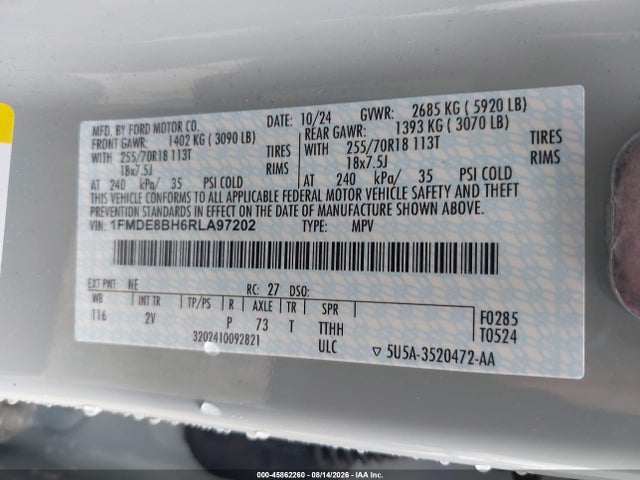 45862260 :رقم المزاد ، 1FMDE8BH6RLA97202 vin ، 2024 Ford Bronco Outer Banks مزاد بيع