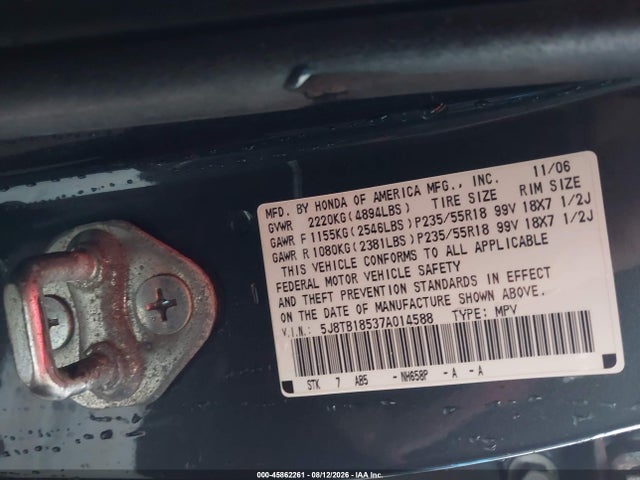 Aukcja sprzedaży 2007 Acura Rdx, vin: 5J8TB18537A014588, numer aukcji: 45862261
