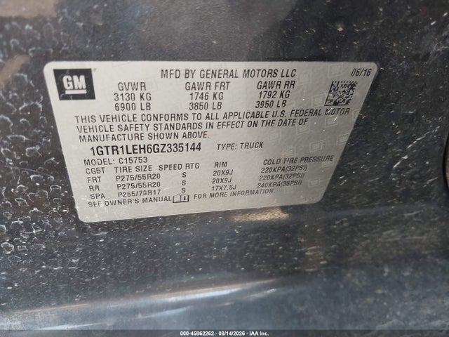 45862262 :رقم المزاد ، 1GTR1LEH6GZ335144 vin ، 2016 Gmc Sierra 1500 مزاد بيع