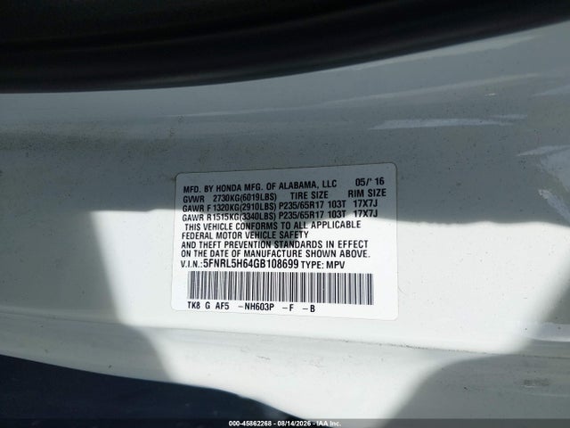45862268 :رقم المزاد ، 5FNRL5H64GB108699 vin ، 2016 Honda Odyssey Ex-l مزاد بيع
