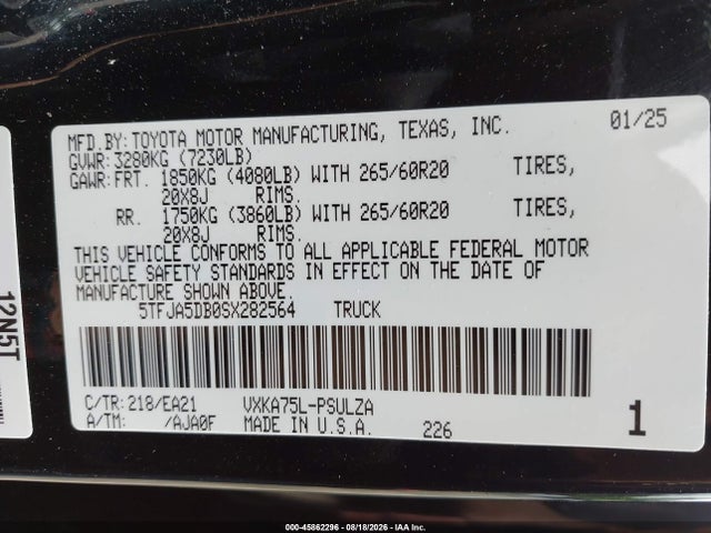 Aukcja sprzedaży 2025 Toyota Tundra Limited, vin: 5TFJA5DB0SX282564, numer aukcji: 45862296