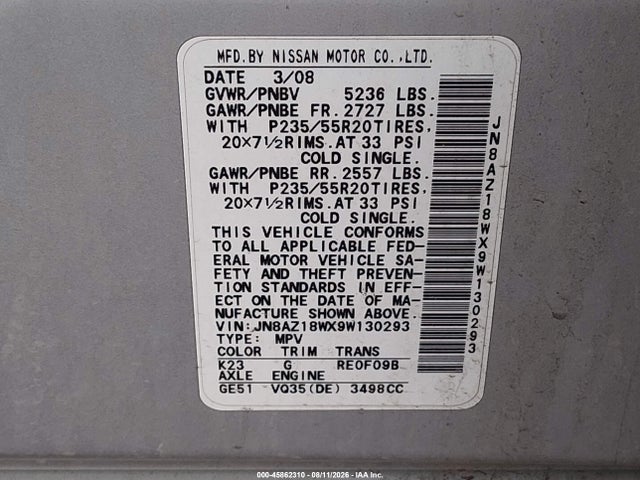 Продажа на аукционе авто 2009 Nissan Murano Le, vin: JN8AZ18WX9W130293, номер лота: 45862310