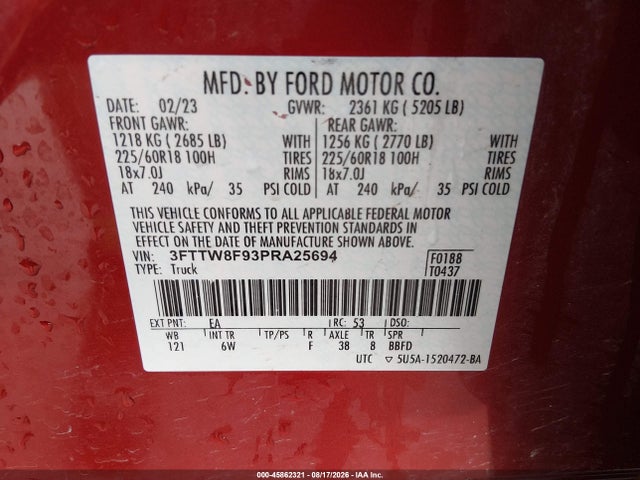 Продаж на аукціоні авто 2023 Ford Maverick Lariat, vin: 3FTTW8F93PRA25694, номер лоту: 45862321