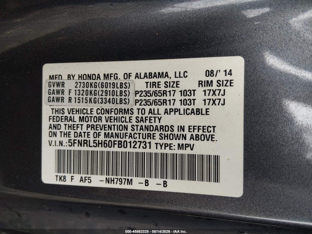 45862328 :رقم المزاد ، 5FNRL5H60FB012731 vin ، 2015 Honda Odyssey Ex-l مزاد بيع