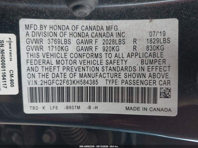 2HGFC2F63KH584385 Honda Civic Lx